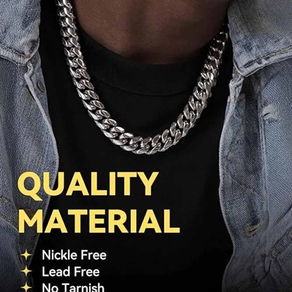Miami Cuban Link Chain Necklace for Men Stainless Steel 14mm Plated Hip Hop